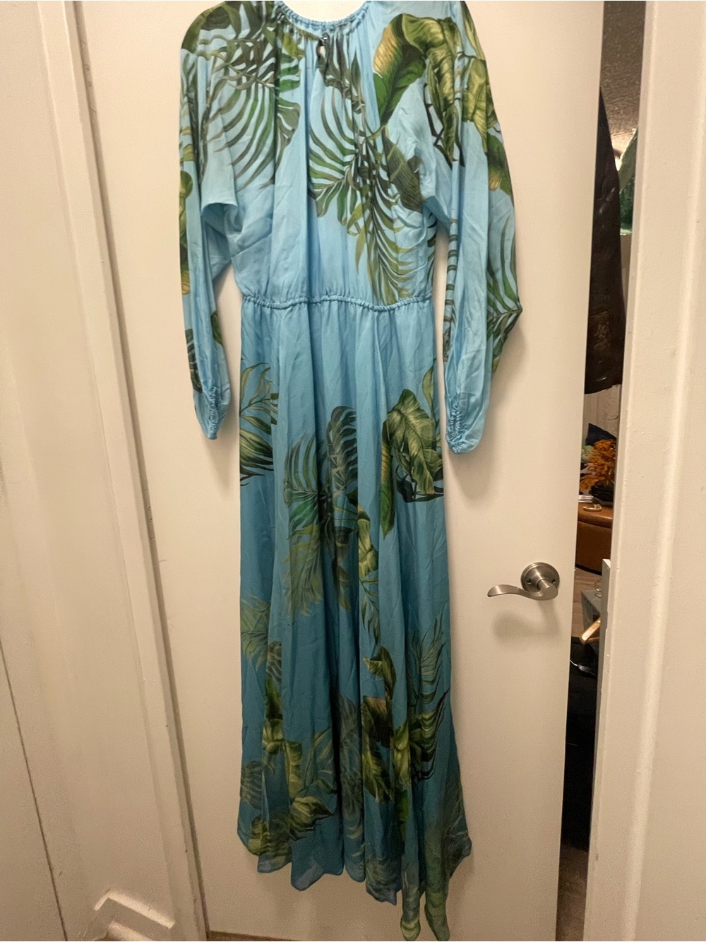 Cynthia Rowley Messina Silk Blue Tropical Print Long Sleeve Maxi Dress